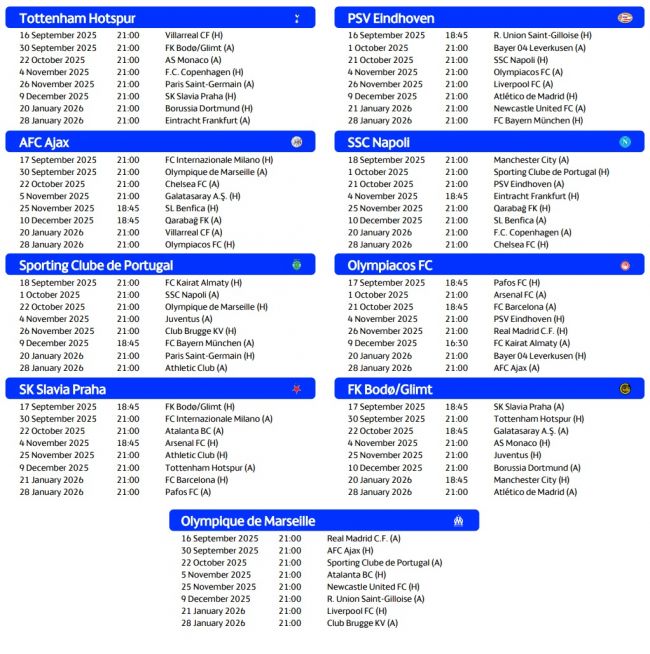 Calendrier de l'UEFA Champions League 2025/26 : dates et heures de tous les matchs de la phase de championnat.