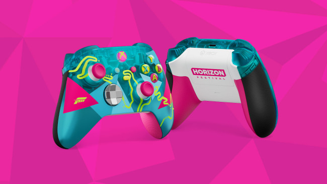 Xbox présente une manette et un casque Forza Horizon 6 aux couleurs vives.