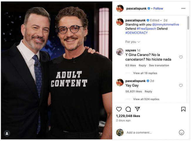 Pedro Pascal soutient Jimmy Kimmel après sa suspension par ABC