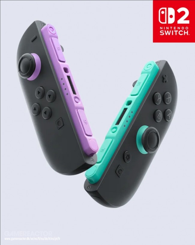 Nintendo présente des manettes Joy-Con 2 violet clair (G) et vert clair (D) pour la Switch 2.