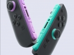 Nintendo pr&eacute;sente des manettes Joy-Con 2 violet clair (G) et vert clair (D) pour la Switch 2.