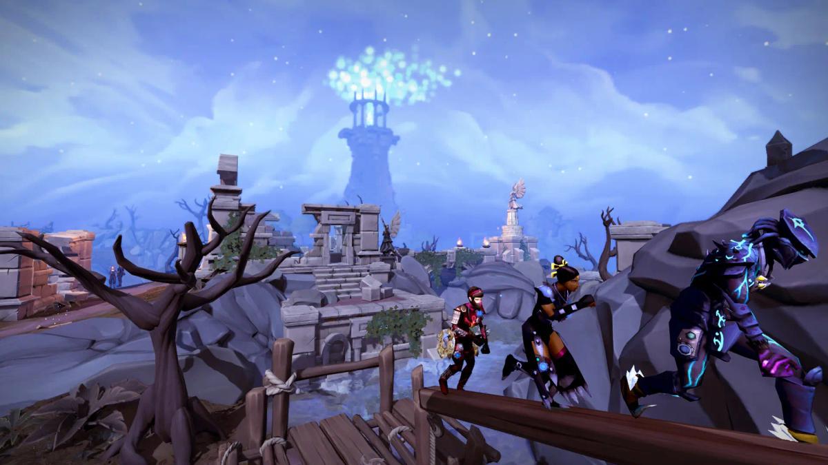 Une capture d'écran de RuneScape montrant des personnages traversant un pont en bois dans un paysage fantastique.