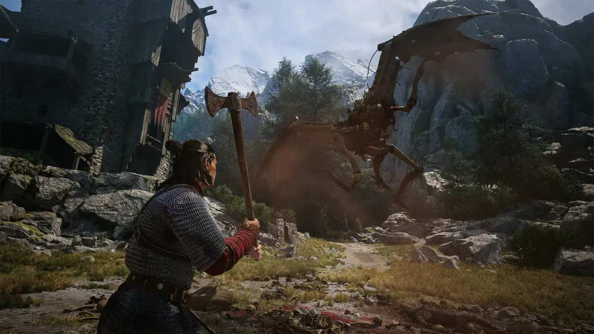 Un guerrier avec une grande hache face à une créature ailée dans un décor montagneux dans The Blood of Dawnwalker