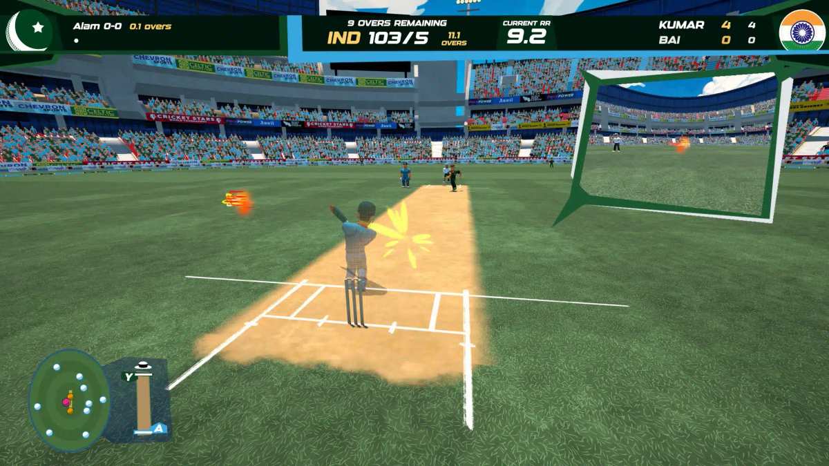 Capture d'écran du gameplay de Don Bradman Cricket Jr montrant un match de cricket stylisé dans un stade.